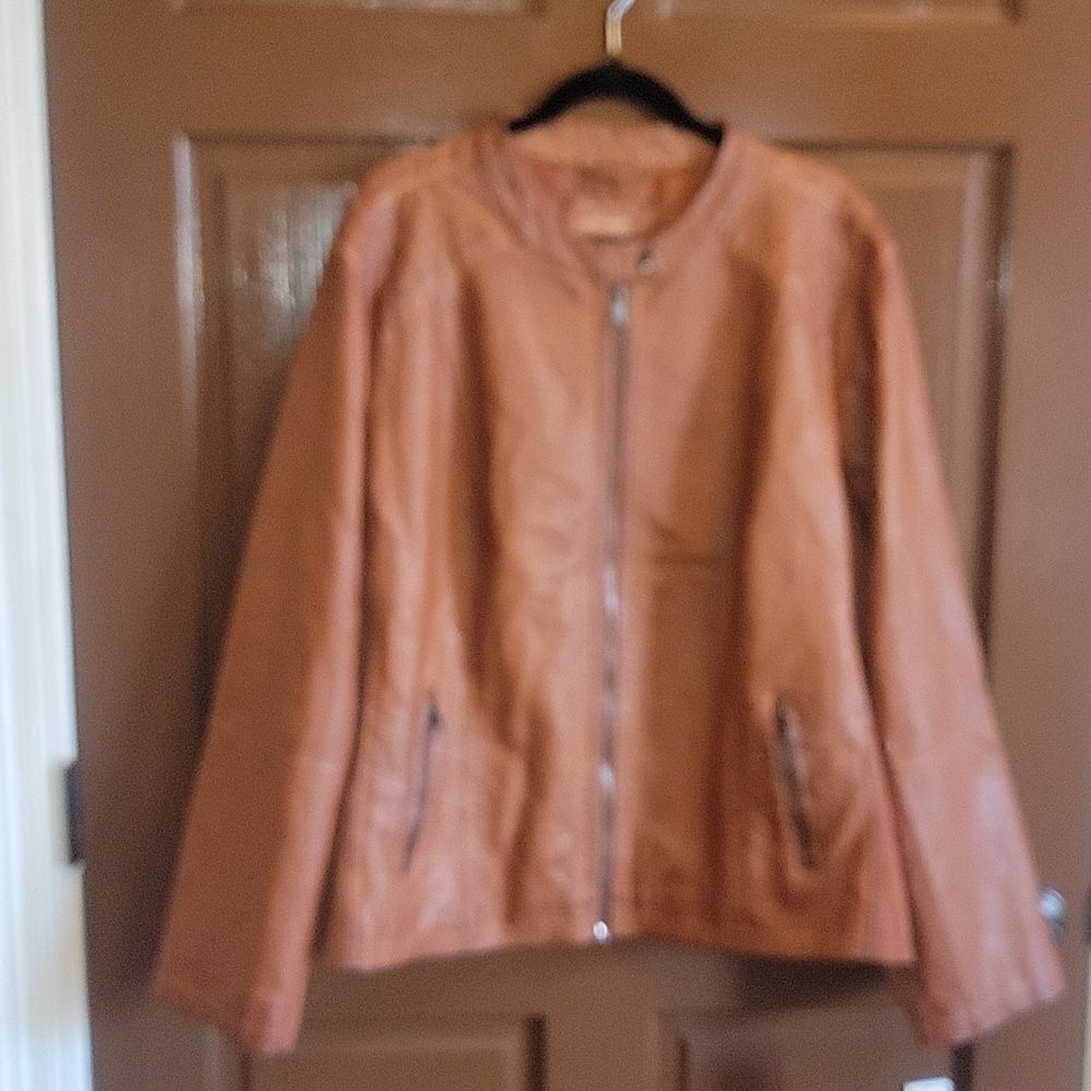 Sebby-Faux leather cognac jkt. with snap neck 3X. NWT.